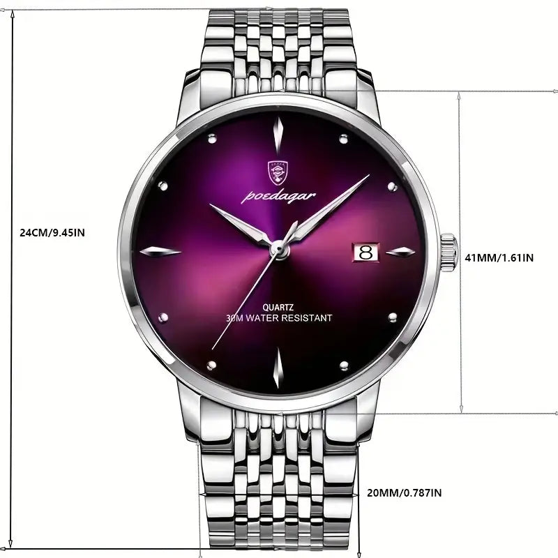 Poedagar Men's Stainless Steel Purple Dial Quartz Luminous Date Wrist Watch