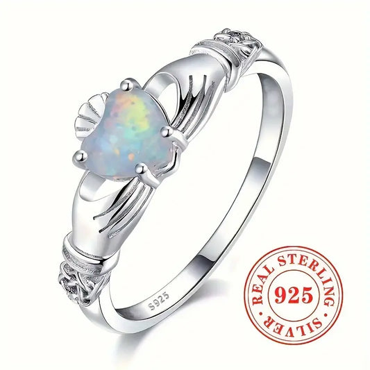 Sterling Silver Claddagh Opal Heart Ring size L 1/2, N 1/2, Q, S or T 1/2