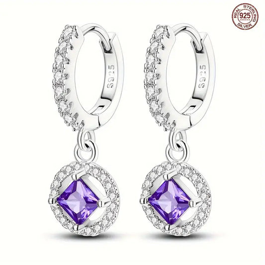 Sterling Silver Square Purple Zirconia Hoop Drop Earrings