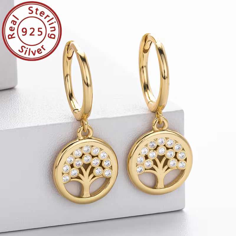Gold Plated Sterling Silver Tree of Life Cubic Zirconia Hoop Drop Earrings