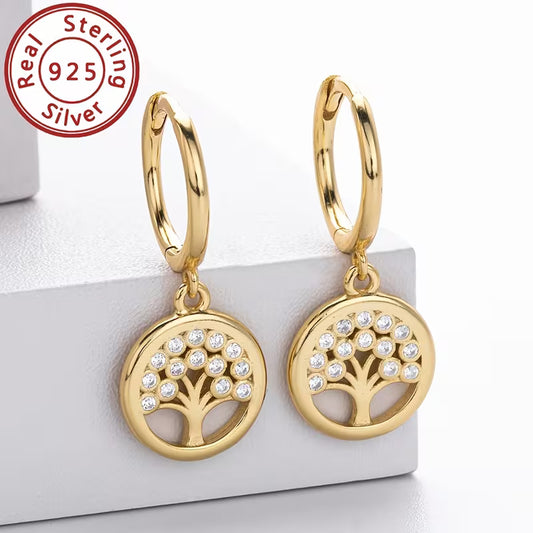 Gold Plated Sterling Silver Tree of Life Cubic Zirconia Hoop Drop Earrings