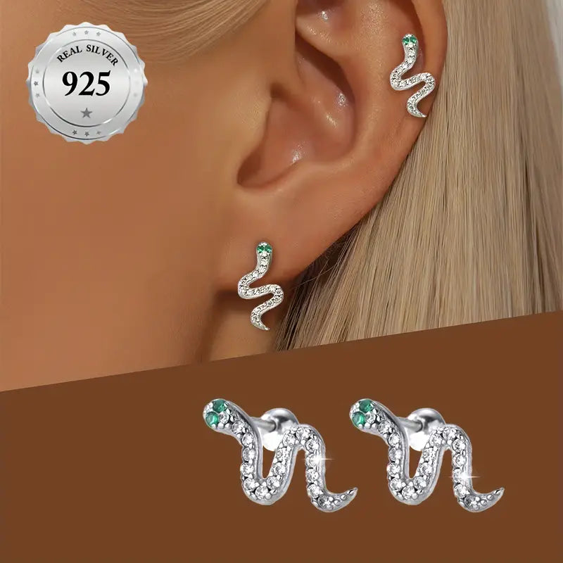 Sterling Silver Snake Cubic Zirconia Stud Earrings