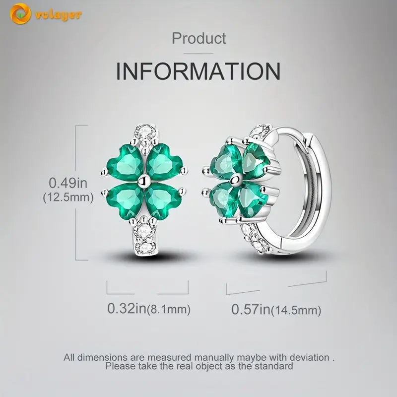 Sterling Silver 4 Leaf Clover Green Cubic Zirconia Small Hoop Earrings