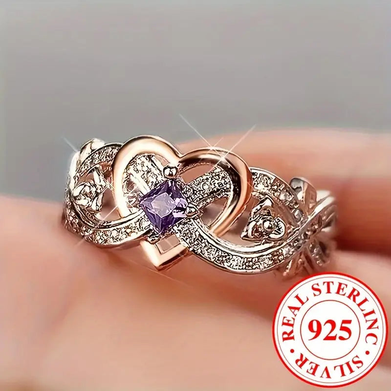 Sterling Silver Infinity Purple Cubic Zirconia Heart Ring size L 1/2, O, P 1/2, R