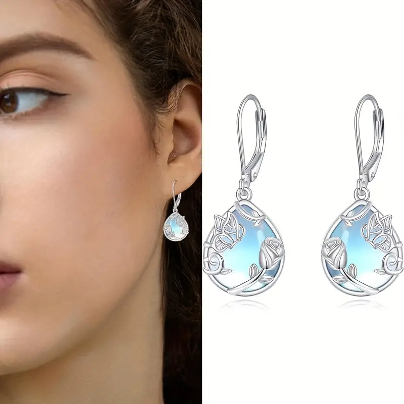 Sterling Silver Moonstone Rose & Butterfly Filigree Teardrop Drop Earrings