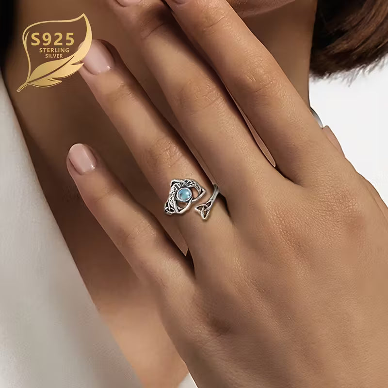 Sterling Silver Celtic Knot Crescent Moon Moonstone Ring Adjustable size P-T