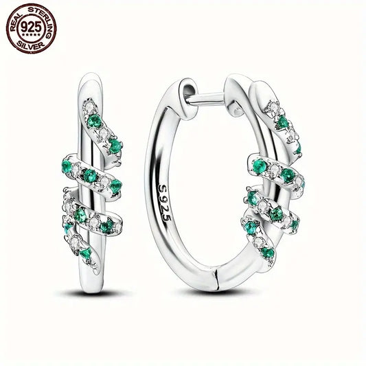 Sterling Silver Serpent Green & White Cubic Zirconia Hoop Earrings