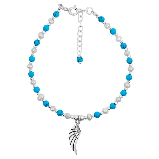 Sterling Silver, Turquoise & Pearl Angel Wing Bead Bracelet