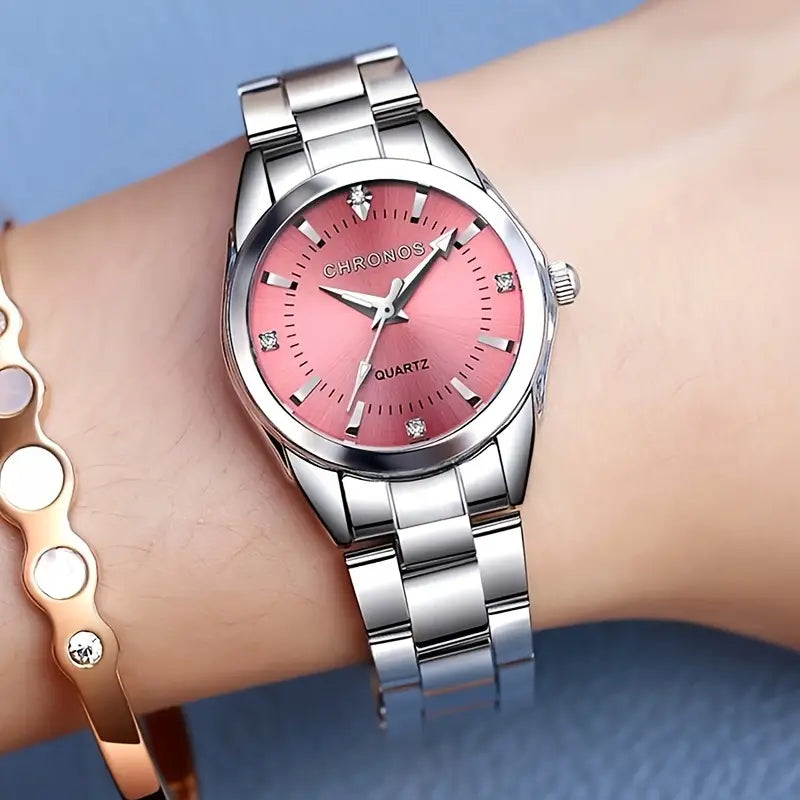 Chronos Ladies Stainless Steel Quartz Pink Dial Luminous Wrist Watch