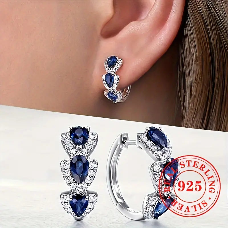 Sterling Silver Blue Cubic Zirconia Hoop Earrings