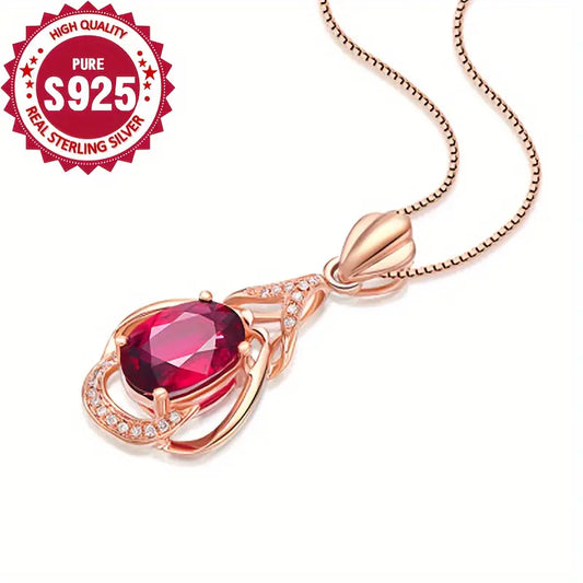 Sterling Silver (Rose Gold Plated) Red Cubic Zirconia Teardrop Pendant & Chain