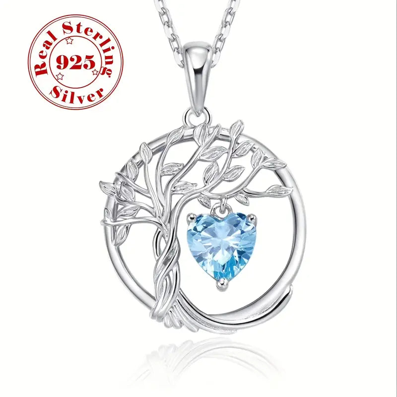 Sterling Silver Tree of Life Blue Cubic Zirconia Heart Pendant & Chain