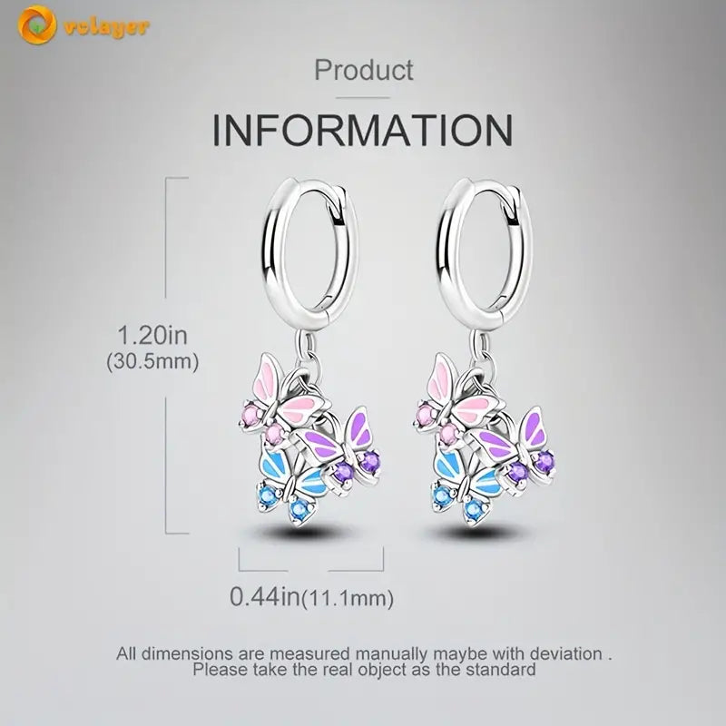 Sterling Silver 3 Colour Butterfly Cubic Zirconia Hoop Drop Earrings