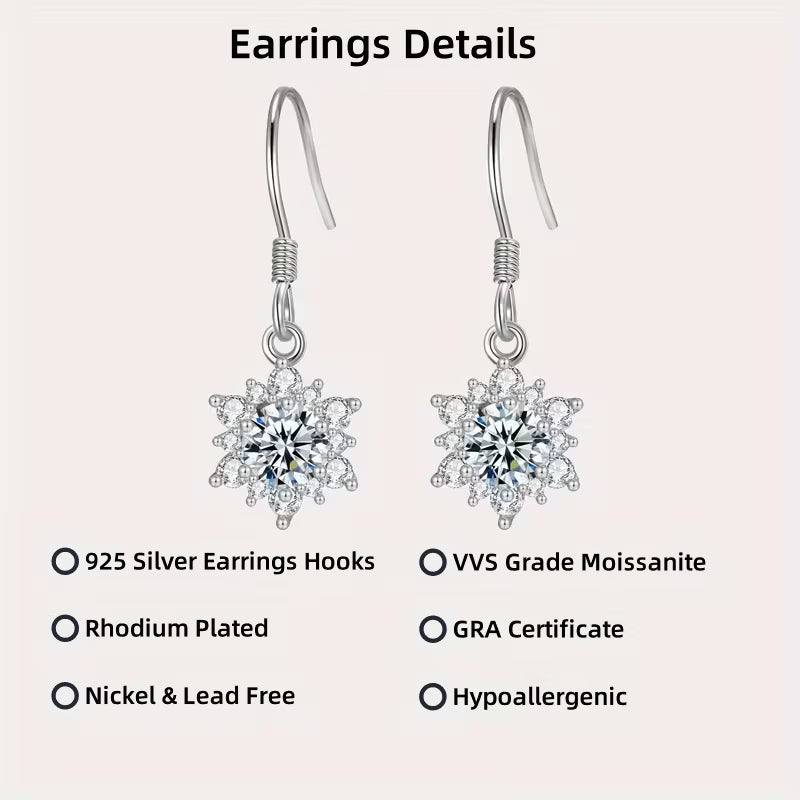Sterling Silver 0.5ct White Moissanite Snowflake Hook Drop Earrings