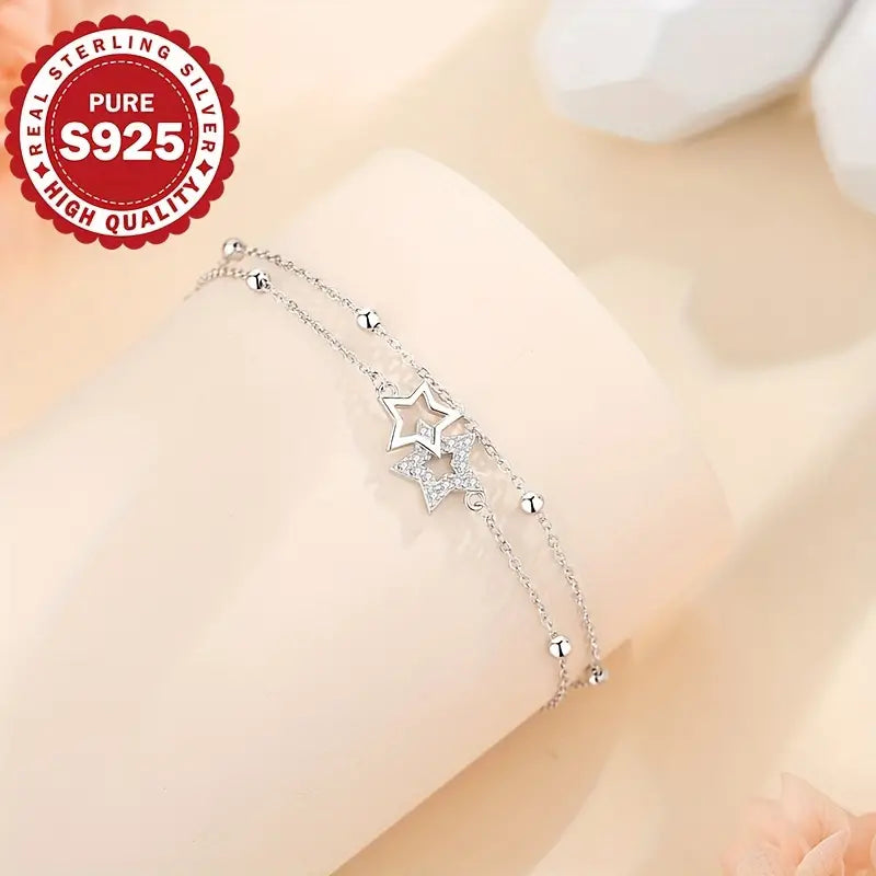 Sterling Silver Stars Cubic Zirconia Double Chain Bracelet