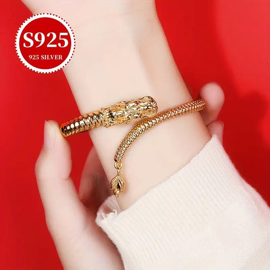 Sterling Silver Yellow Gold Plated Oriental Dragon Cuff Bangle