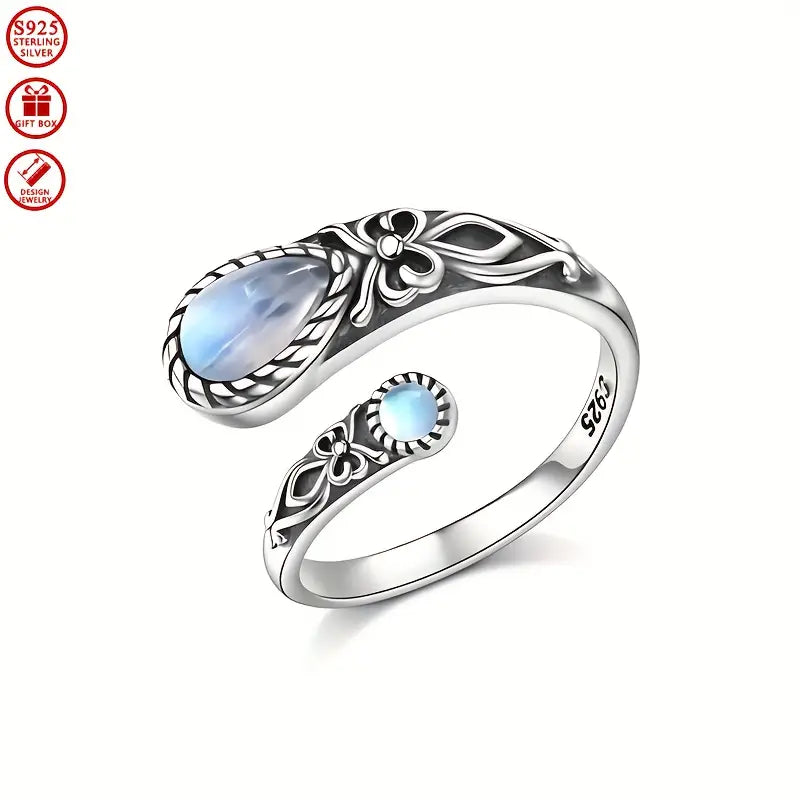 Sterling Silver Moonstone Patterned Spoon Ring (Adjustable N-T)