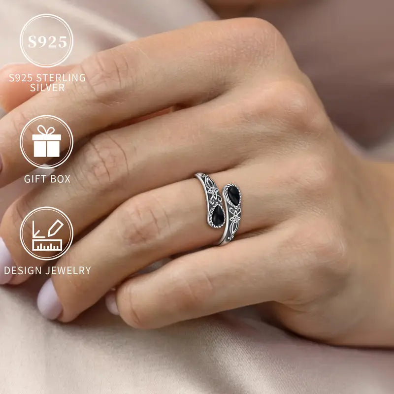 Sterling Silver Black Agate Celtic Knot Patterned Ring Adjustable size P-T