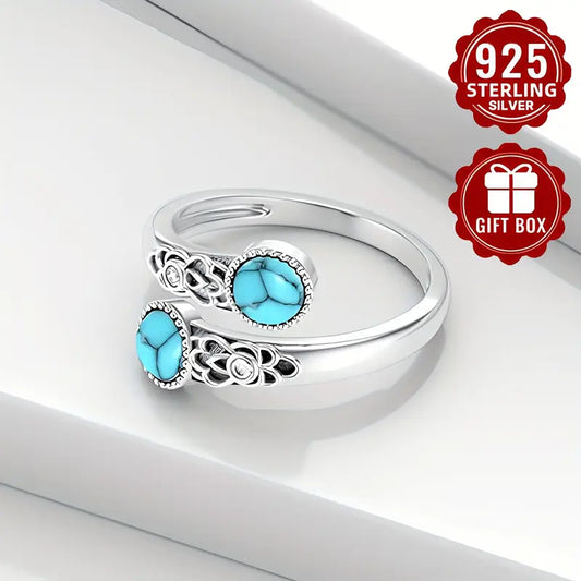Sterling Silver Round Turquoise Patterned Ring (Large) Adjustable P-T