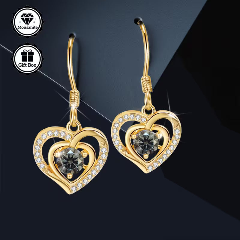 Gold Plated Sterling Silver 0.5ct Grey Moissanite Heart Drop Earrings
