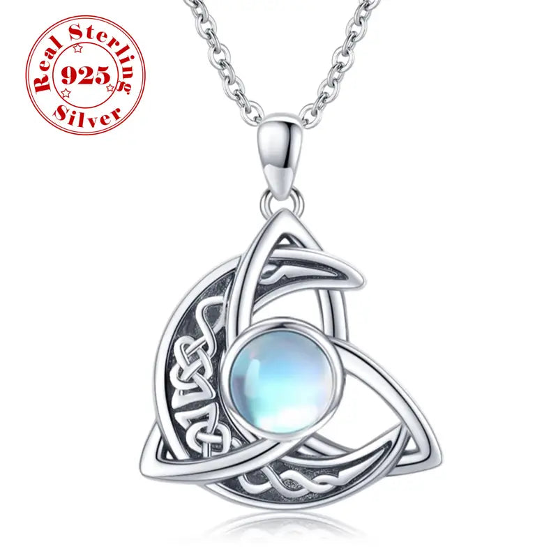 Sterling Silver Celtic Knot Crescent Moon Moonstone Pendant & Chain