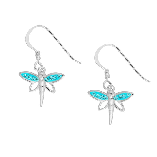 Sterling Silver Aqua C/Z Crystal Dragonfly Drop Earrings