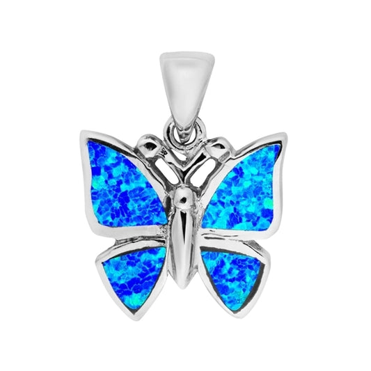 Sterling Silver Blue Opal Butterfly Pendant & Chain