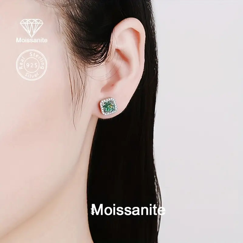 Sterling Silver 1ct Blue/Green Square Moissanite Stud Earrings