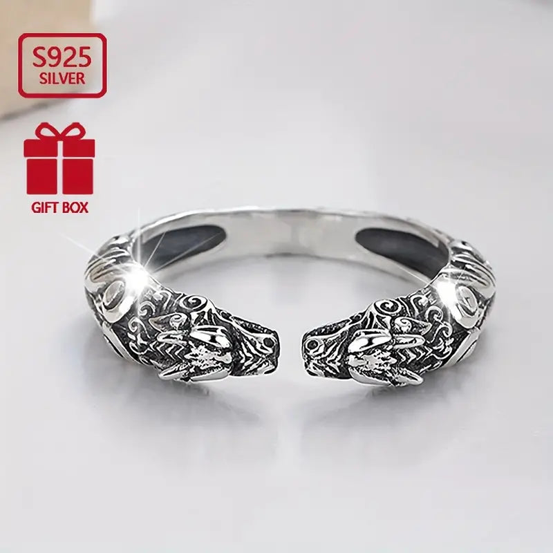 Sterling Silver Adjustable Unisex Double Dragon Head Ring