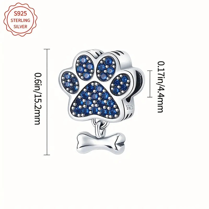 Sterling Silver Blue Cubic Zirconia Dog Paw & Bone Bead Charm