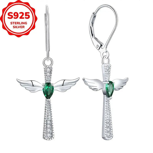 Sterling Silver Green Cubic Zirconia Angel Wings Cross Drop Earrings