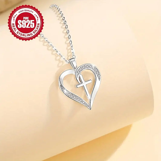 Sterling Silver Cubic Zirconia Heart Cross Pendant & Chain