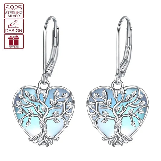 Sterling Silver Tree of Life Moonstone Heart Drop Earrings