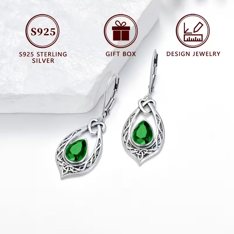 Sterling Silver Celtic Knot Emerald CZ Teardrop Drop Earrings