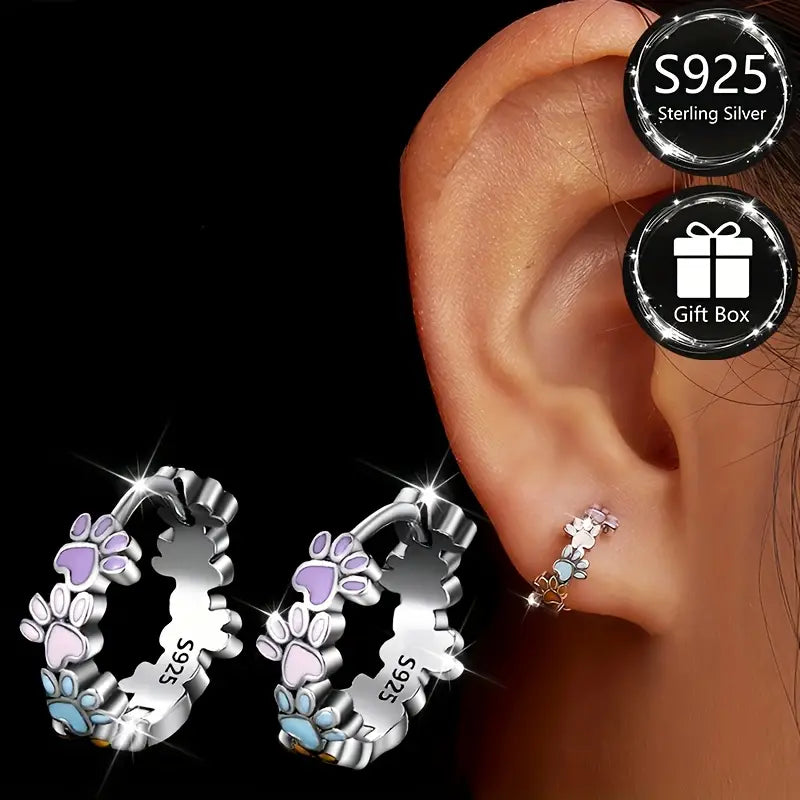 Sterling Silver Paw Prints Coloured Enamel Small Hoop Earrings