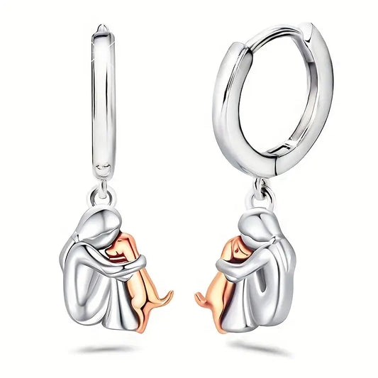 Sterling Silver Two Tone (Rose) Cuddling Dog Drop Earrings