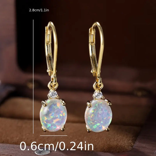 Sterling Silver Yellow Gold Plated Oval Opal Drop Earrings
