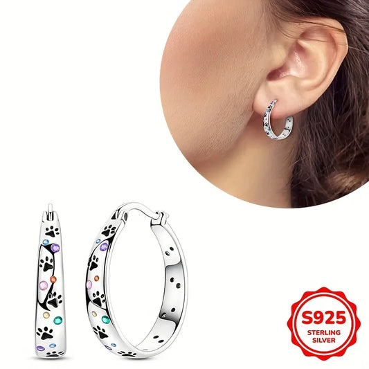 Sterling Silver Pawprints Cubic Zirconia Hoop Earrings