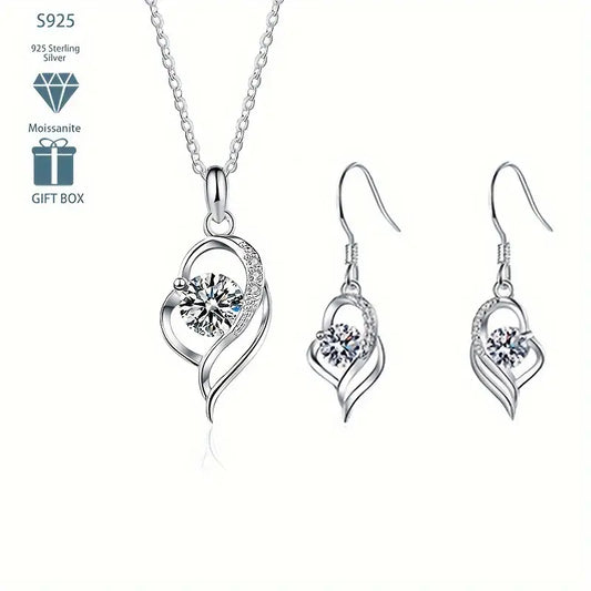 Sterling Silver White Moissanite Heart Pendant, Chain & Drop Earrings