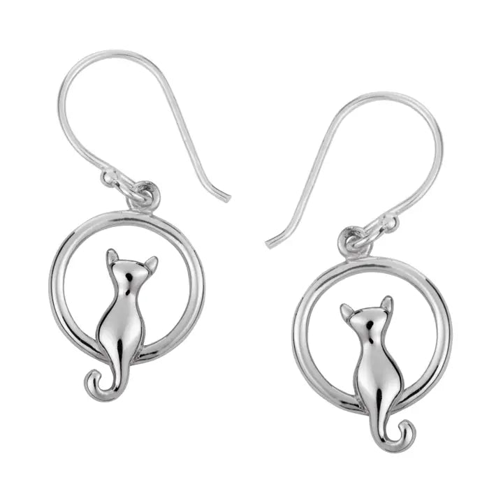 Sterling Silver Cat on Moon Drop Earrings