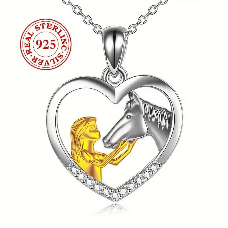 Sterling Silver 2 Tone Hugging Horse & Child Cubic Zirconia Heart Pendant & Chain