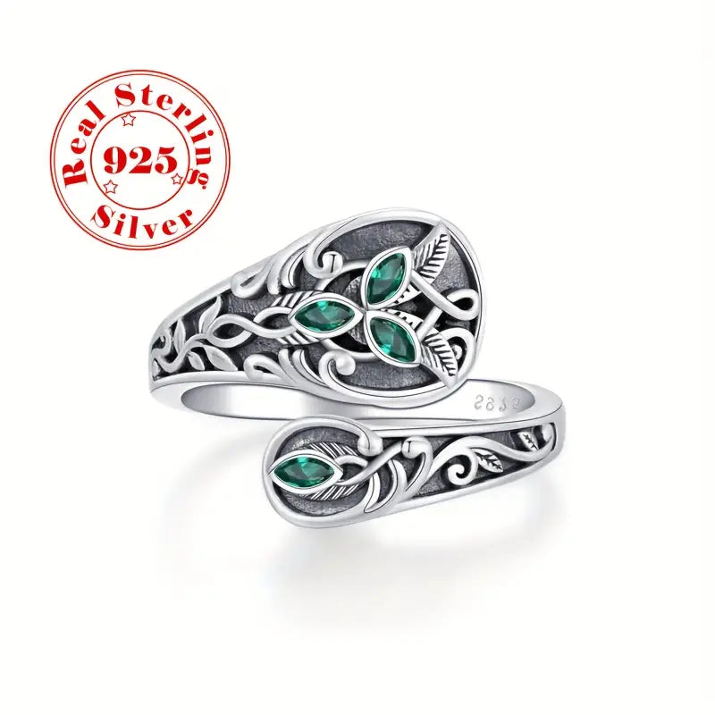 Sterling Silver Adjustable Green Cubic Zirconia Carved Patterned Unisex Ring