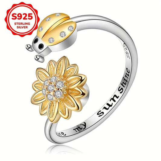 Sterlinf Silver Ladybird & Spinning Sunflower CZ Ring Adjustable size M-R