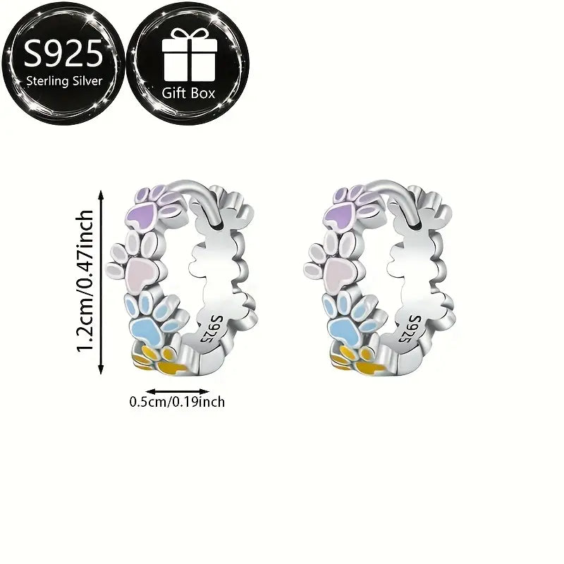 Sterling Silver Paw Prints Coloured Enamel Small Hoop Earrings