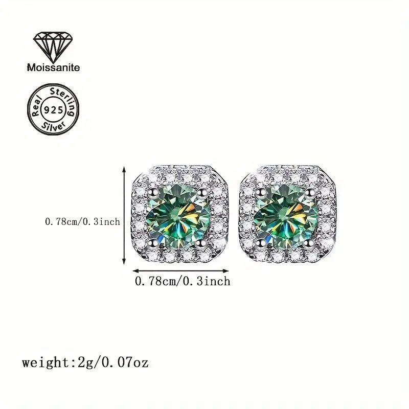 Sterling Silver 1ct Blue/Green Square Moissanite Stud Earrings