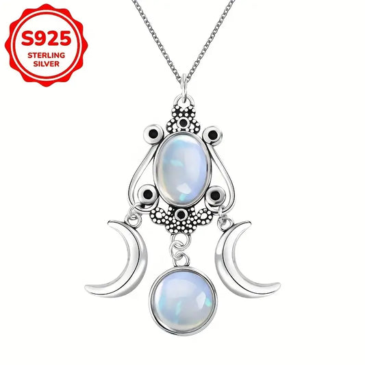 Sterling Silver Bohemian Moonstone Crescent Moons Pendant & Chain