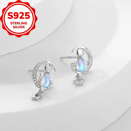 Sterling Silver Moonstone Cubic Zirconia Cat, Moon & Star Stud Earrings