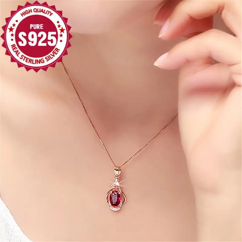 Sterling Silver (Rose Gold Plated) Red Cubic Zirconia Teardrop Pendant & Chain