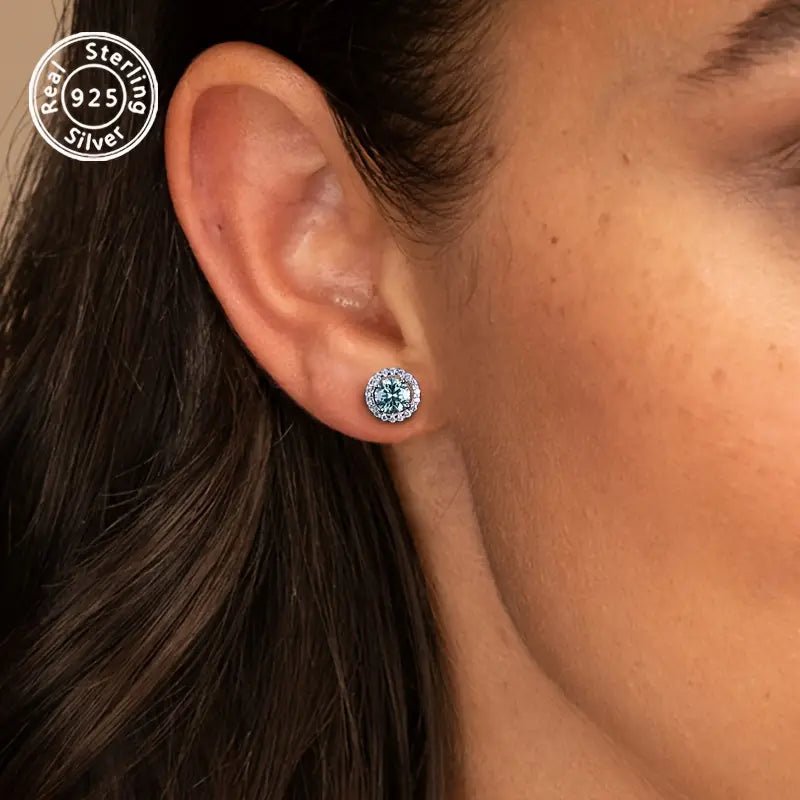 Sterling Silver 1ct Green/Blue Round Moissanite Stud Earrings