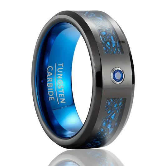 Tungsten Carbide Blue Cubic Zirconia Celtic Dragon Inlaid Patterned Ring size R 1/2, U or V 1/2